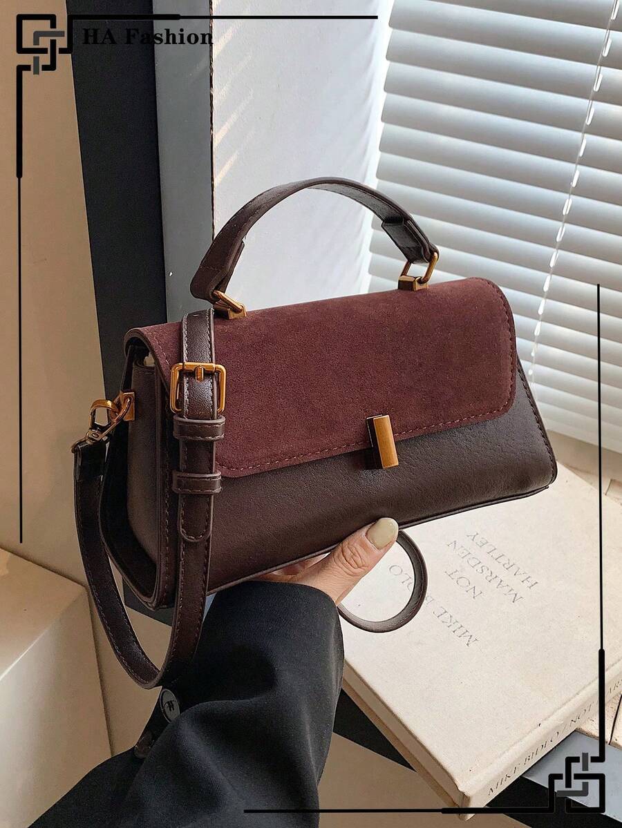 Vintage Suede Fashion Women's Handbag PU Patchwork Shoulder Bag Small Square Bag For Daily Commute - Burgundy - View 1