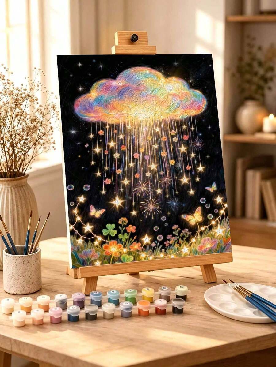 DIY 彩虹雲朵星星花卉(無框或有框 8x12 / 16x20 英吋)數字油畫套裝(壓克力顏料),適合成人初學者的藝術手工、居家牆面裝飾與節日禮物 - 套裝 - 查看 1