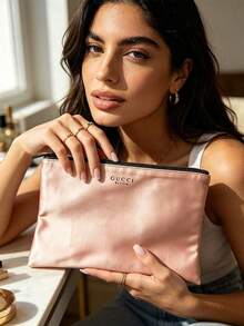 Nude Zipper Makeup Pouch With Floral Inner Lining Portable Travel Cosmetic Storage Bag Gift For Women Gucci Bloom Nude‑Tone Zipper Makeup Pouch - Pink - View 3