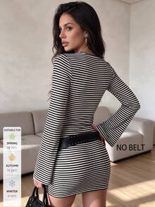 SUNSTORY Women's Autumn Black & White Striped Round Neck Flared Long Sleeve Fitted Bodycon Mini Skirt, Suitable For Commuting, Outings, Dating, Parties, Halloween Occasions - Black and White - View 5