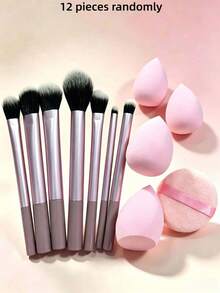 1pc Multi-Function Makeup Brush Set, Includes Powder Brush, Blush Brush, Foundation Brush, Eyeshadow Brush, Blending Brush, Contour Brush, Plus Angled Makeup Sponge, Round Makeup Sponge And White Powder Puff - Pink - View 10