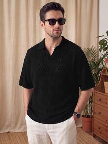 Men's Neutral Polo Collar Knit Top, Casual Business Commute Short Sleeve Loose Pullover T-Shirt, Spring/Summer - Black - View 1