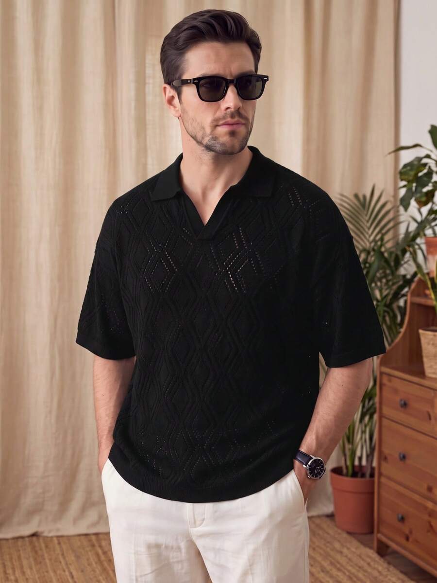 Men's Neutral Polo Collar Knit Top, Casual Business Commute Short Sleeve Loose Pullover T-Shirt, Spring/Summer - Black - View 1