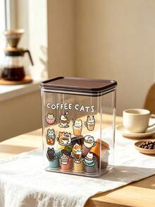 Cute Cup Cat And "Coffee Cats" Letter Pattern Coffee Storage Box, Sealed Plastic Food Jar, Large Capacity, Dustproof And Moisture-Proof, Kitchen Countertop Coffee Area Storage Box, Decoration, Kitchen Countertop Storage, Coffee Enthusiast Gift - Multicolor - View 2