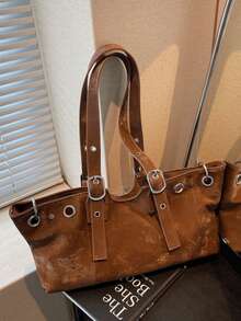 Tas Selempang Suede Kapasitas Besar Musim Gugur/Dingin Vintage, Tas Tote Minimalis, Tas Bahu Serbaguna untuk Bepergian - Coklat - View 3