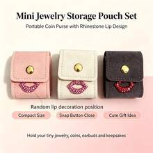 Tas Penyimpanan Perhiasan Mini dengan Dekorasi Bibir Berlian Imitasi, Organizer Cincin & Anting Portabel dengan Kancing Jepret, Kotak Perhiasan Kecil yang Dapat Dilipat, Kantong Aksesori Perjalanan yang Ringkas, Ringan untuk Penggunaan Sehari-hari & Perjalanan, Hadiah Istimewa untuk Kolektor Perhiasan - MultiWarna - View 7