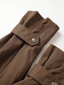 1pc Women's Fashion Solid Color Long Sleeve Front Zipper Minimalist Casual Short Jacket, Khaki High Neck Long Sleeve Jacket With Button Details And Pockets, Regular Hem, Non-Stretch - Brown - View 8