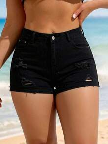 Women Denim Shorts - Pure Black - View 3