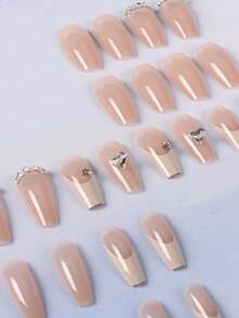 24pcs Short Coffin Shape Press-On Nails, White Gradient Floral Rhinestone Heart Design, Japanese Style Full Coverage, Suitable For Party, Prom And Daily Wear - Multicolor - View 4
