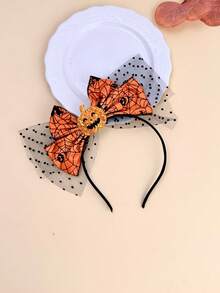 1pc Girls Halloween Pumpkin Spider Web 3D Bow Headband, Cute Atmosphere Party Stage Cosplay Photo Shoot Hair Accessory - Multicolor - View 4