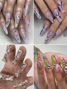 12-Piece 3D Silver Semi-Circular Pearl Nail Art Decoration Set, 2000 Flat Semi-Circular Pearl Nail Stickers, 6 Sizes Of Gold Semi-Circular Pearl Rhinestones, Suitable For Nail Art Design, DIY Crafts, Jewelry Making, Clothing And Shoe Decorations, And Nail Products. - Silver - View 6
