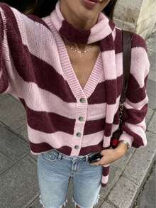 Plus Size Pink Purple Wide Stripe Button V-Neck Knit Cardigan Lantern Long Sleeve With Scarf Loose Fit Sweater - Pink - View 3