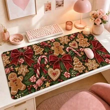 Vintage Christmas Floral Patchwork Desk Mat, 1pc Extended Mouse Pad With 4 Styles, Gingerbread Bow Holly And Candy Cane Design, Polyester Surface With Non-Slip Rubber Base For Office, Home, Dorm And Gaming, 3 Sizes Available - View 2