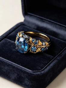 1pc Dual-Tone Leaf Ring, Vintage Blue Copper Statement Ring, Grapevine And Floral Design, Lightweight Luxury Baroque Style Ring, Unisex, Daily Party Anniversary Gift - Two-color - View 3
