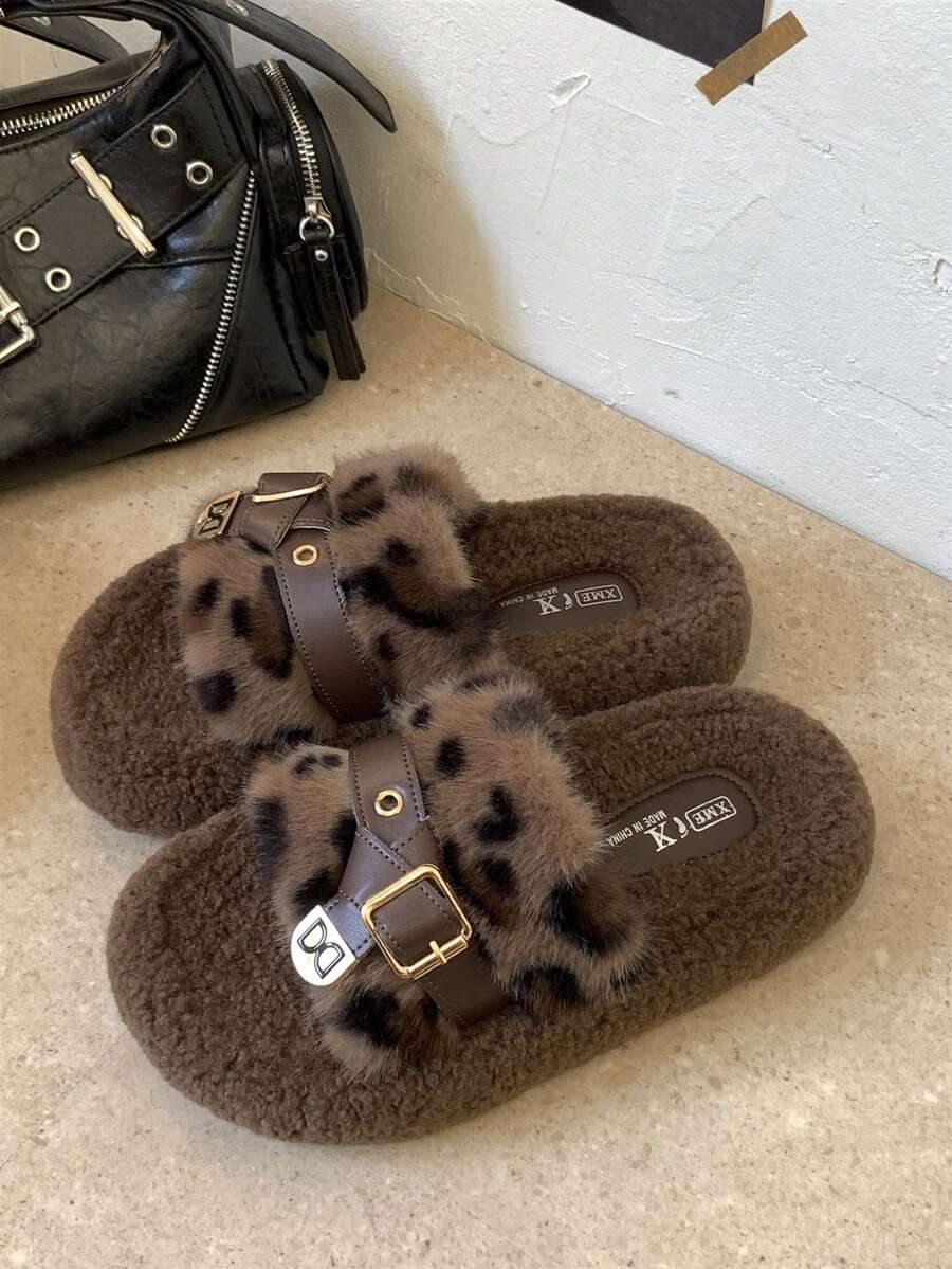 Women's New Winter Thick Sole Fuzzy Slippers, Outdoor Wear Autumn Fairy Style Slouchy Height Increasing Home Indoor Office Slippers Spring & Autumn - Leopard - View 1