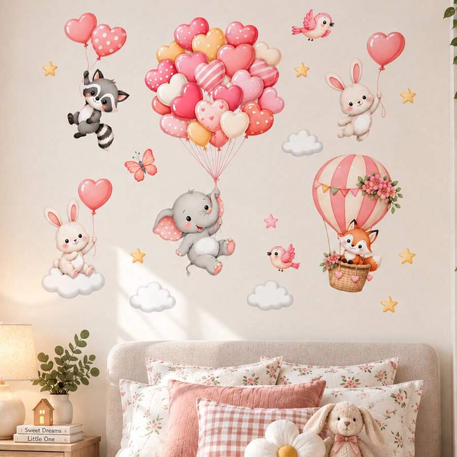 Dreamy Animal Balloon Wall Stickers, Cloud Hot Air Balloon Decals, Cute Rabbit Elephant Fox Wall Decor, Bedroom Home Decoration - Cute Wall Stickers - View 1