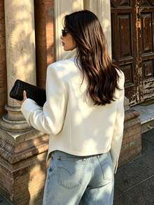 Fashion Daily Commute Long Sleeve Stand Collar Double-Breasted Patchwork Blazer - White - View 5