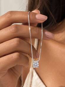 SYMFNY 1pc Minimalist Style 925 Sterling Silver Bull Head Setting Round CZ Box Chain Necklace For Women Daily Wear Jewelry Gift - Silver - View 2