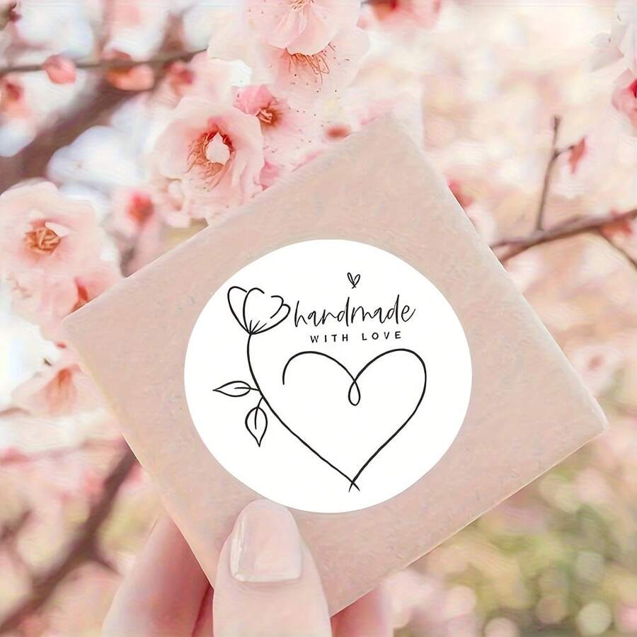 48/24pcs Handmade Love Stickers - Heart And Flower DIY Tags With Cursive Letters, Sweet Hand Drawn Style, Suitable For Handmade, Gift Labels, Diaries, Weddings, Birthdays - Bulk Sticky Paper - Round - View 1