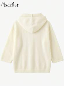 Plus Size Women's Autumn/Winter Hooded Knit Cardigan, Loose Fit Slimming Flattering Elegant Commute Long Sleeve Front Open Sweater Jacket - Beige - View 8