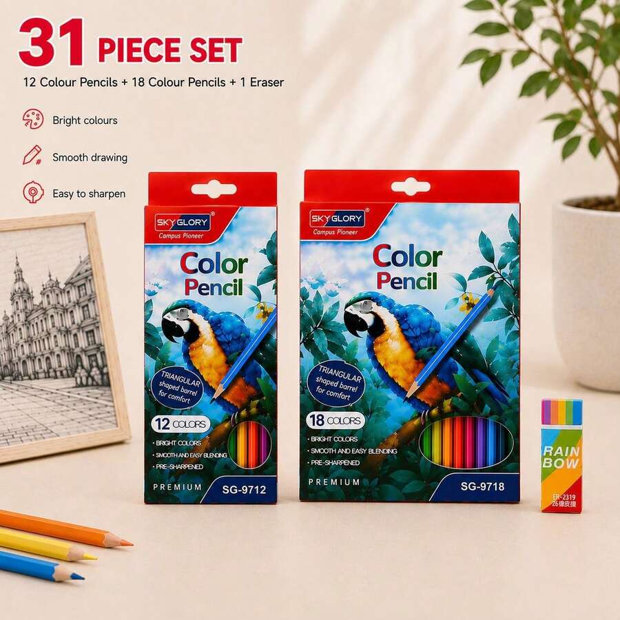 31Pcs Professional Colored Pencils Set With Eraser, Triangular Grip, Pre-Sharpened, Smooth Blending, For Artist Drawing Sketching Coloring, Art Supplies - Sets - View 1