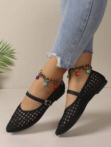 Women Pointed Toe Hollow Mesh Ballet Flats With Buckle Strap, Elegant Chic Daily Dating Vacation Slip-On Flat Shoes - Black - View 1