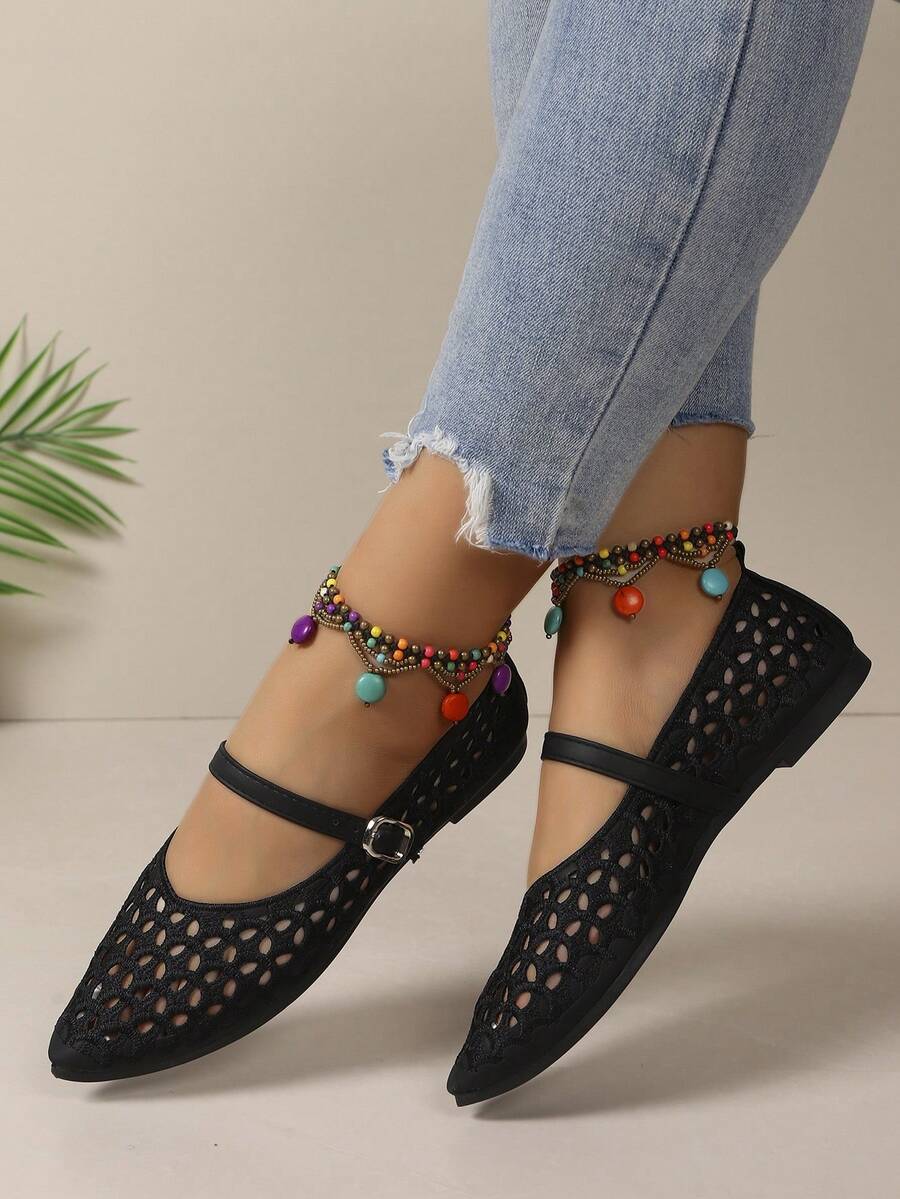 Women Pointed Toe Hollow Mesh Ballet Flats With Buckle Strap, Elegant Chic Daily Dating Vacation Slip-On Flat Shoes - Black - View 1
