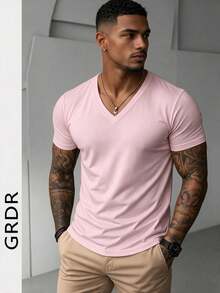 Camiseta de manga corta con cuello en V de moda para hombres GRDR | Diseño exquisito | Esencial de verano | Fácil de combinar | Muestra tu estilo - Rosa - Ver 3