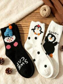 1/4/8 Pairs Cute Penguin And Snowman Plush Mid-Calf Socks, Soft And Warm -Lined Winter House Socks, Comfortable Cartoon-Patterned Sleep Socks - Multicolor - View 3