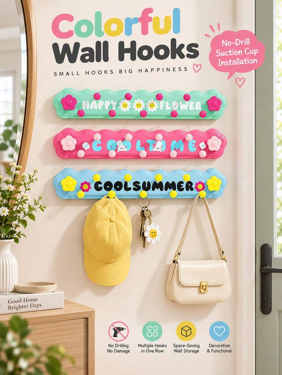 Cute Dopamine Suction Cup Hooks, Colorful Cartoon Wall Hooks With No Drill Design, Adhesive Hanging Organizer For Small Items, Fun Room Decor Storage Accessory For Bathroom Bedroom Kitchen Home - Multicolor - View 1