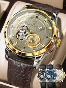 POEDAGAR 1pc Business Men's PU Leather Automatic Mechanical Skeleton Tourbillon Watch, Fashion Waterproof Luminous Wristwatch For Daily Occasions, Men's Gift - one-size - View 12