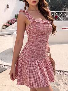 Women's Red Plaid Ruffle Strap Mini Dress, Pleated Decor Spaghetti Strap Flared Hem Sexy Cute Outing Outfit - Red - View 6