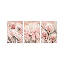 3Pcs Pink Protea Flower Canvas Wall Art, Soft Blush Australian Native Floral Prints, Neutral Boho Botanical Poster For Living Room, Bedroom, Kitchen, Home Decoration, Posters & Prints, Frameless - 391 - View 15