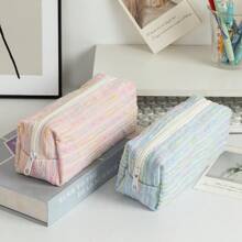 1pc Creative Colorful Line Pattern Pencil Case, Large Capacity Student Pencil Bag, Ins Style High Aesthetic Storage Bag, Yarn Desktop Organizer Pouch - Multicolor - View 5