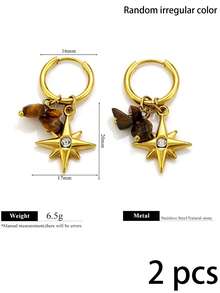 2 Buah Anting Gantung Hoop Gaya Batu Alam Vintage Dekorasi Musim Gugur dengan Charm Bintang, Mata Jahat dan Tangan, Perhiasan Wanita Gaya Bohemian - Anting-anting 7636 - View 7