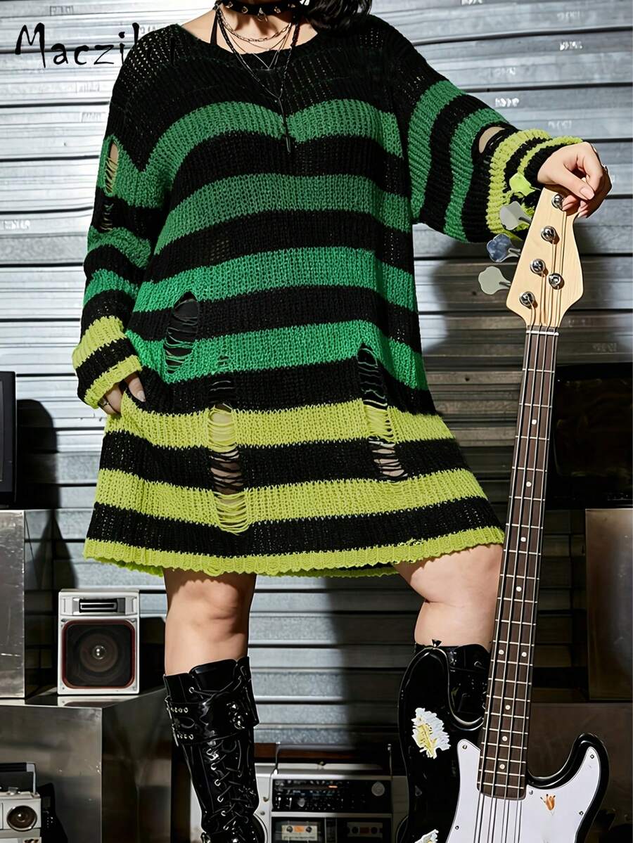 Plus Size Striped Ripped Knit Sweater Dress, Long Sleeve Crew Neck Loose Mid‑Length Pullover Dress Fall Winter Streetwear - Multicolor - View 1