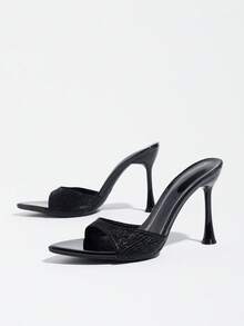 Women's Black Crinkled Satin Single Strap High Heel Mule Slippers Pointed Toe Open Toe Stiletto Sandals For Daily Party Evening Wedding Commute Outdoor Wear - Black - View 6