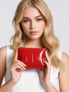 Dior Red Patent Leather CD Embossed Makeup Bag, Fashionable Bright Red Patent Leather Makeup Bag, Large Capacity CD Embossed Zipper Makeup Bag, Travel Toiletry Storage Bag, Daily Storage - Red Makeup Bag - View 4