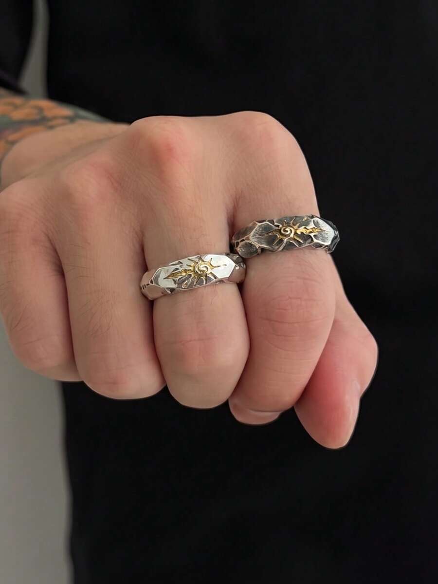 1/2pcs High-Quality Wishing Stone Vintage Style Copper Material Multi-Color Men's Ring Suitable For Outdoor Travel Music Festival Daily Wear - Multicolor - View 1