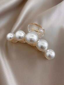 1pc Women's Apricot Faux Pearl Decor Fashion Shark Hair Claw Clip Suitable For Daily Use - Apricot - View 3