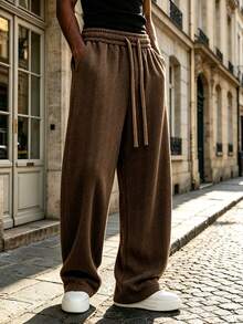 Jacquard Autumn Old Money Style Herringbone Textured Straight Leg Wide Leg Pants, Comfortable Versatile Drapey Loose Casual Trousers - Mocha Brown - View 2