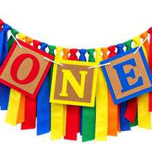 Colorful ONE 1st Birthday Fabric Banner, Building Block Theme Ribbon Tassel High Chair Banner, First Birthday Party Decorations Photo Prop - Style 1 - View 3