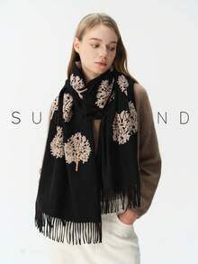 1pc Women's Embroidered Tree Of Life Plant Element Versatile Casual Elegant Scarf For Autumn/Winter Daily Use - Black - View 6