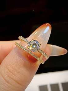 1pc Moissanite Ring Set, Minimalist 4-Prong Angel Stackable Rings, Suitable For Women's Daily Wear - Gold - View 3