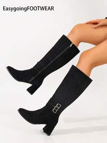 Botas altas de mujer con punta puntiaguda, tacón grueso, cremallera lateral, decoración de hebilla metálica y ante - Negro - Ver 2
