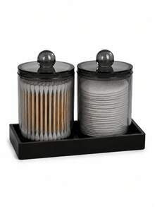 Black Bathroom Swab Storage Jar Set With Silicone Tray, Modern Vanity Organizer For Cosmetic Swabs, Cleansing Balls, Cosmetics And Beauty Accessories, Bathroom Countertop And Dressing Table Storage Containers For Everyday Essentials - Multicolor - View 1