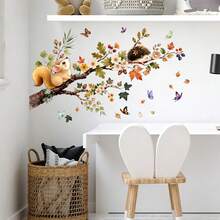 Watercolor Autumn Tree Branch Squirrel Hedgehog Wall Decal, Flowers Autumn Leaves Butterfly Self-Adhesive Removable Kids Room Wall Decoration Sticker - Multicolor - View 7
