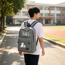 A Printed Backpack With Minimalist Design, Featuring Soundwave Headphones And Music-Listening Cat Print, Unisex Campus Backpack Suitable For Work Commute, Travel, Shopping, And Daily Use, Large Capacity Essential For Your Outings - Backpack - View 7