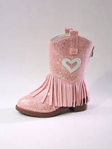 Girls' Kids' Short Mid-Calf Boots, Glitter Embroidered Tassel High Heel Western Boots, Color Block Round Toe Side Zipper - Pink - View 5