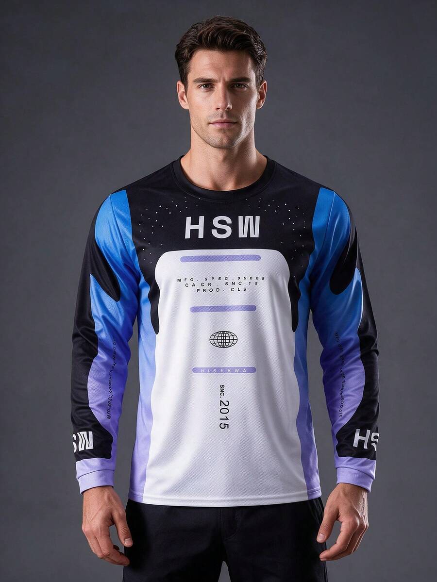 HISERWA Men's Starry Print Cycling Jersey - Blue And Purple Colorblock Long Sleeve T-Shirt - Motorcycle Brand - Tech-Inspired Sporty Style - Black - View 1
